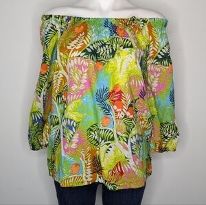 ✨3/$15 Hester & Orchard green colorful linen & cotton off the shoulder top L